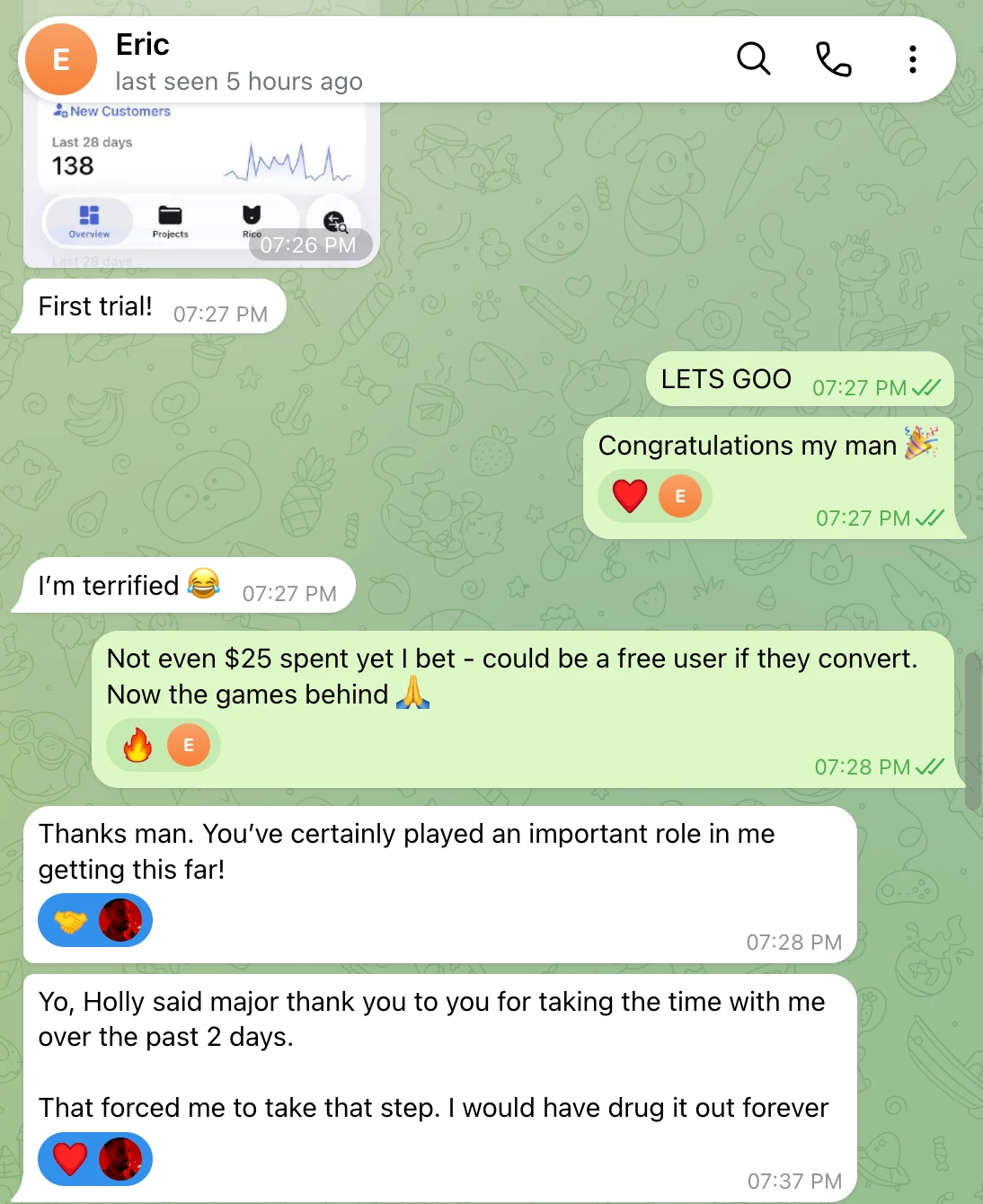 Eric shares his first trial, then writes: you've certainly played an important role in me getting this far, and that forced me to take that step, I would have drug it out forever